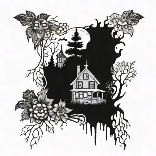 A spooky tattoo of a haunted house surrounded by eerie plants and trees, inspired by the teacher's interest in horror movies and the supernatural tattoo design idea