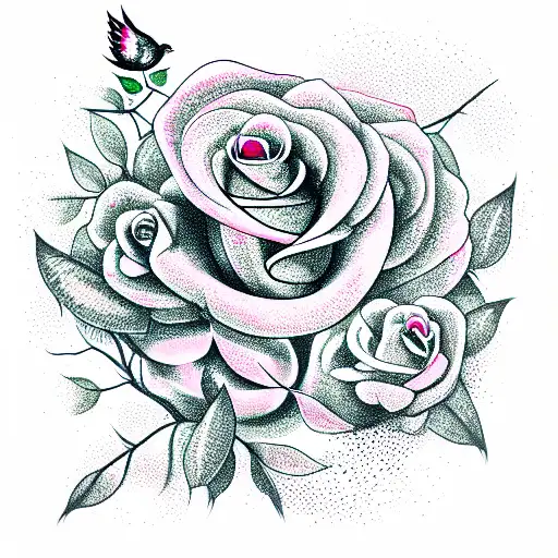 a dense rose bush where snakes and birds are inside tattoo design idea