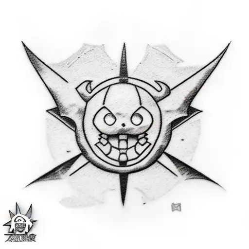 A collage of iconic symbols from One Piece, Dragonball, Pokemon, Naruto, and Hunter x Hunter tattoo design idea