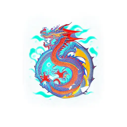 dragon solo en lineas rojas, ave fenix solo lineas de colores verde, amarillo, rojo, azul y naranja, flor de loto en el  tattoo design idea