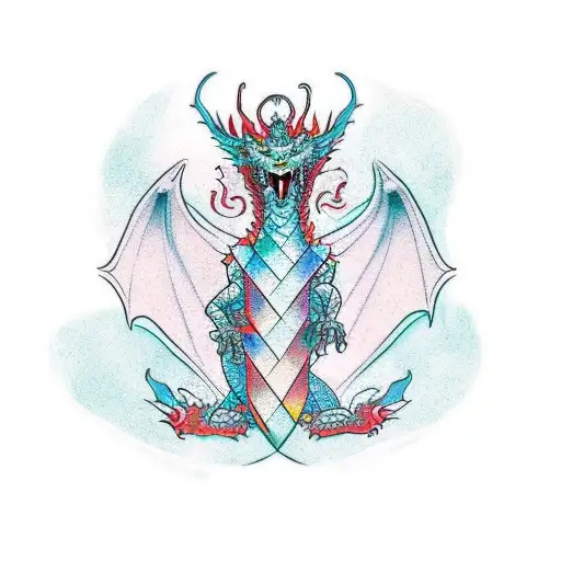 dragon solo en lineas rojas, ave fenix solo lineas de colores verde, amarillo, rojo, azul y naranja, flor de loto en el  tattoo design idea