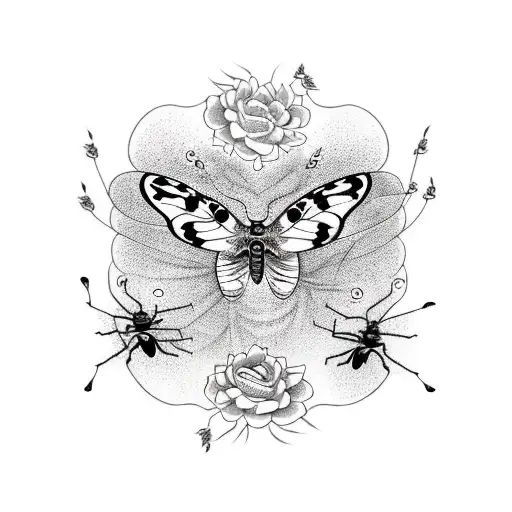 butterfly in cobweb surrounded and attacked by spiders tattoo design idea