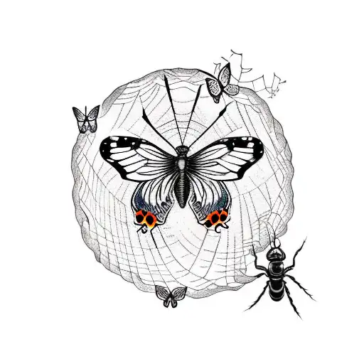 butterfly in cobweb surrounded and attacked by spiders tattoo design idea