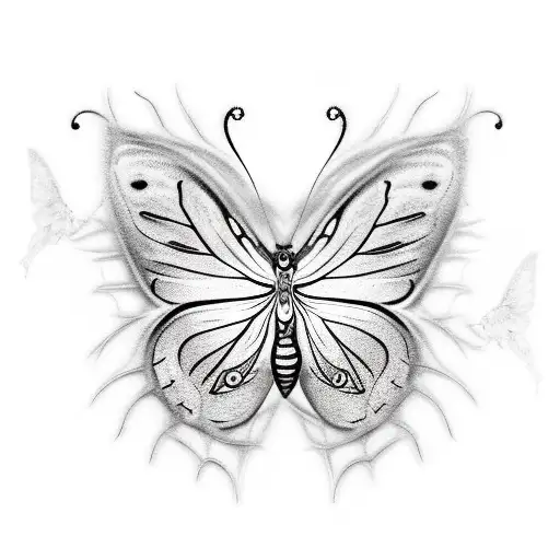 butterfly in cobweb surrounded and attacked by spiders tattoo design idea