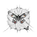 butterfly in cobweb surrounded and attacked by spiders tattoo design idea