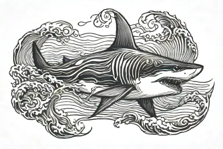 injured megalodon shark with waves tattoo design idea