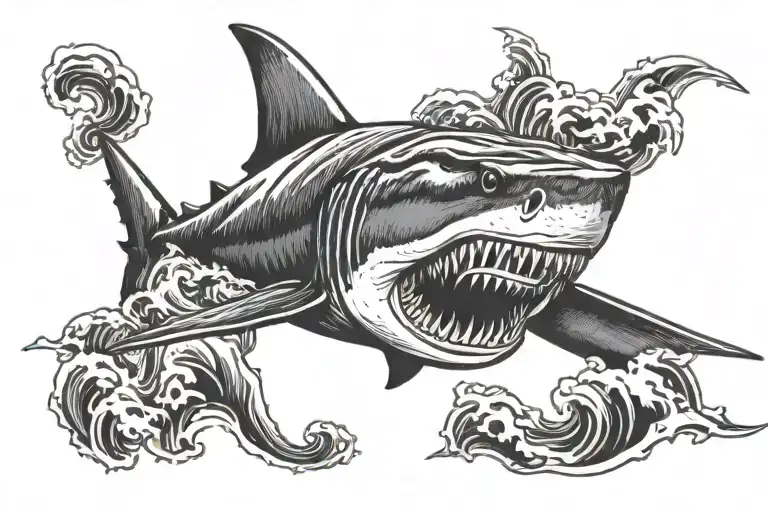 megalodon shark with waves tattoo design idea