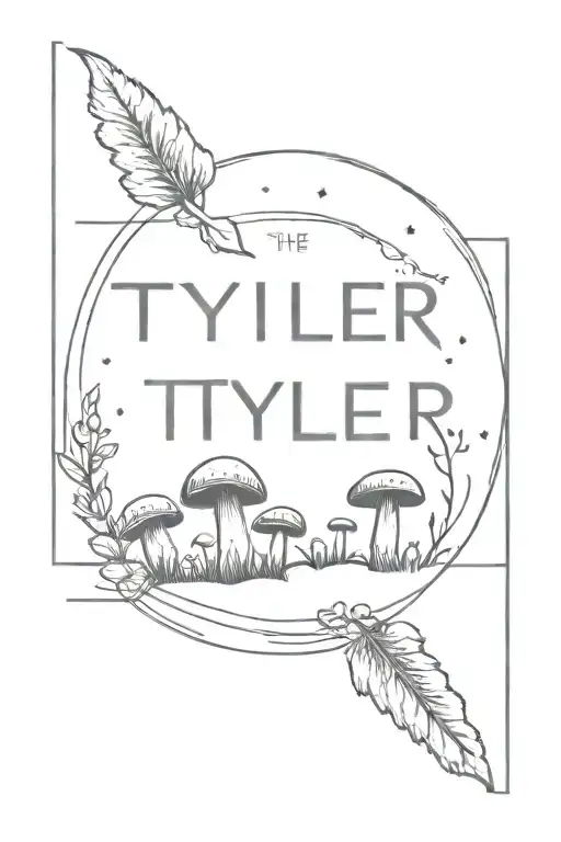 the name "TYLER" down the spine with witchy style and mushrooms  tattoo design idea