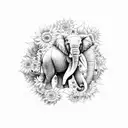 elephant with trunk up surrounded by sunflowers  tattoo design idea