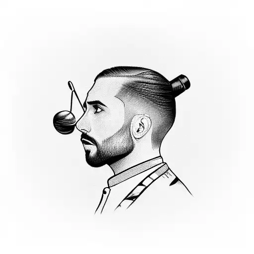 a man with a manbun in a suit with a chef knife, basketball, and a stethoscope tattoo design idea
