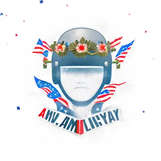 An Army helmet adorned with flowers and the American flag, representing the client's dedication to their occupation and patriotism. tattoo design idea