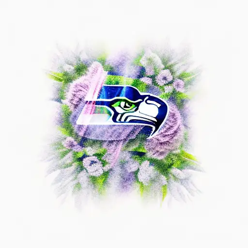 A fierce Seattle Seahawks logo surrounded by flowers, symbolizing the client's passion for football and nature. tattoo design idea