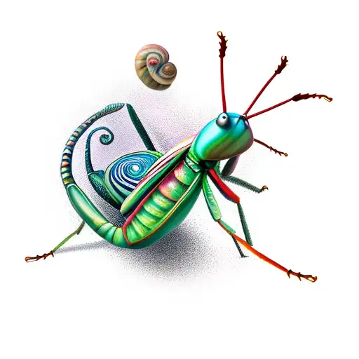 mantis riding a snail, movement effect tattoo design idea