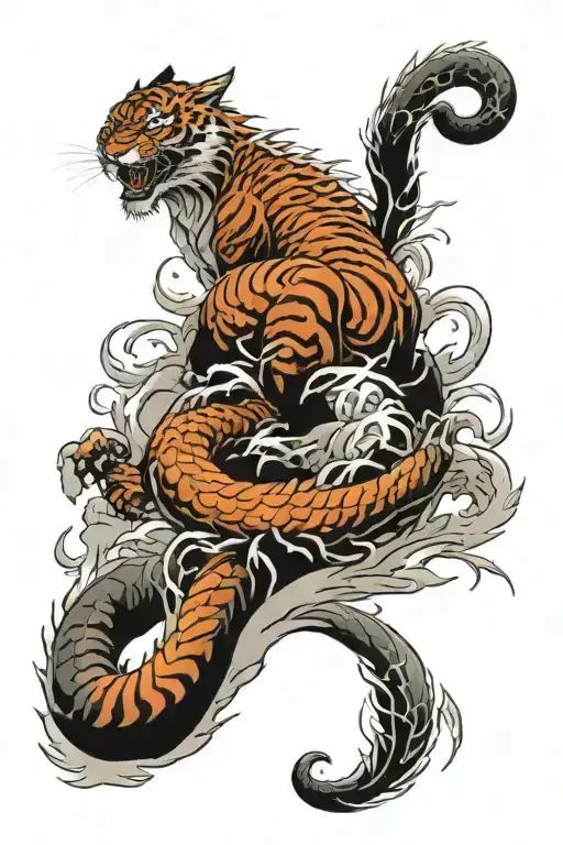 I would like a Japanese style tattoo with a tiger and a dragon twisting around  tattoo design idea