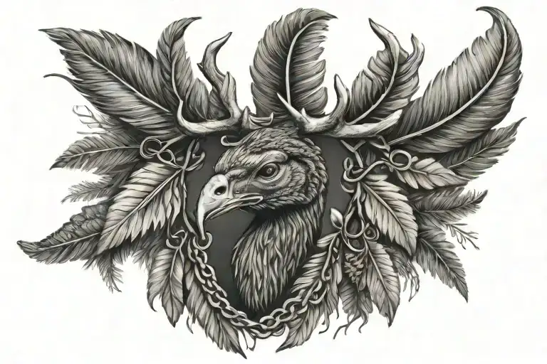 turkey feathers hanging from deer antlers intertwined tattoo design idea