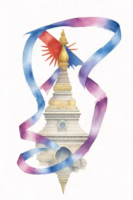 Nepal flag, stupa and praying ribbons spread across tattoo design idea