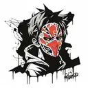 The image is a drawing of a depressed boy. The mask covers everything, and tears are running down the mask, anime sketch tattoo design idea