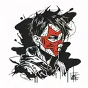The image is a drawing of a depressed boy. The mask covers everything, and tears are running down the mask, anime sketch tattoo design idea