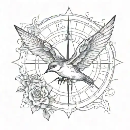 old school swallow with compass rose intertwined tattoo design idea