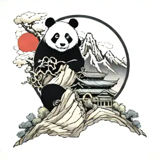 A traditional style tattoo of a majestic mountain peak with a panda bear sitting proudly at the summit tattoo design idea