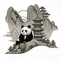 A traditional style tattoo of a majestic mountain peak with a panda bear sitting proudly at the summit tattoo design idea