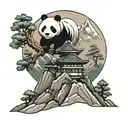 A traditional style tattoo of a majestic mountain peak with a panda bear sitting proudly at the summit tattoo design idea