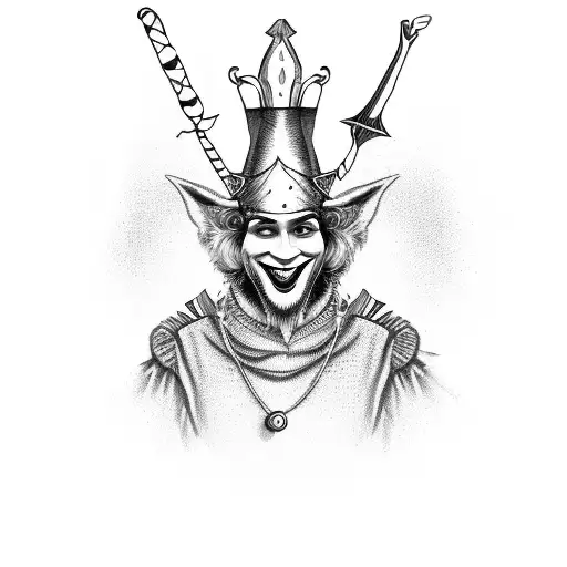 Court jester with hat and characteristic costume, with the face of a psychopath, with elements of royalty and complement tattoo design idea
