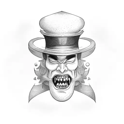 Full body court fool with a hat and characteristic costume, with the face of a psychopath, inside the castle tattoo design idea