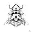 Court jester with hat and characteristic costume, with the face of a psychopath, with elements of royalty and complement tattoo design idea