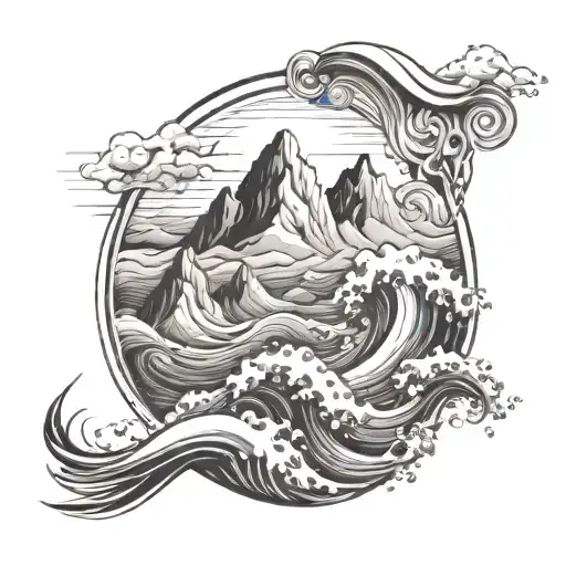 An abstract representation of the ocean waves merging with the mountains, in black-grey style tattoo design idea