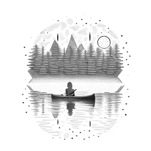 A serene lake surrounded by lush forests and a canoe floating on its calm waters tattoo design idea