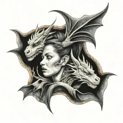 woman's face and head reveals two dragons wrapped around the Gemini symbol.    tattoo design idea