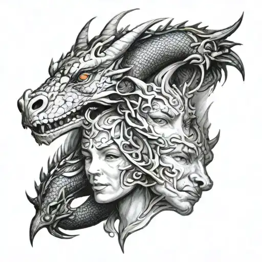 women's face and head reveal two dragons wrapped around the Gemini symbol.    tattoo design idea