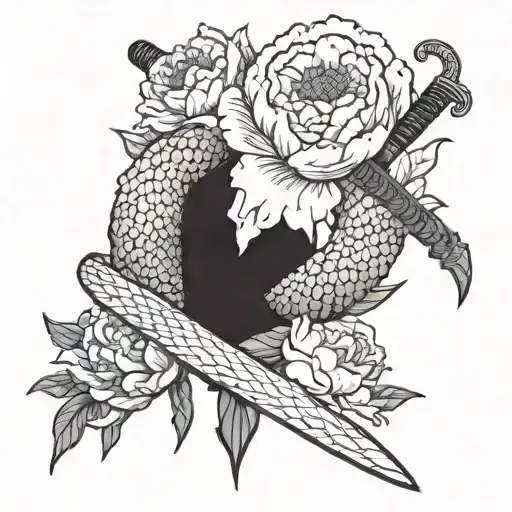 A snake wrapped around a katana sword with peonies blooming in the background tattoo design idea