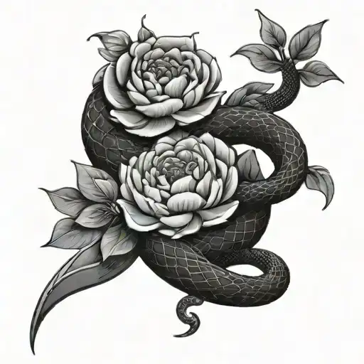 A black and grey design of a snake coiled around a dagger with peony flowers scattered around tattoo design idea