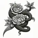 A black and grey design of a snake coiled around a dagger with peony flowers scattered around tattoo design idea