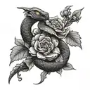 A black and grey design of a snake coiled around a dagger with peony flowers scattered around tattoo design idea