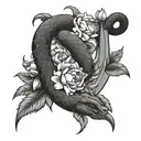 A black and grey design of a snake coiled around a dagger with peony flowers scattered around tattoo design idea