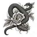 A black and grey design of a snake coiled around a dagger with peony flowers scattered around tattoo design idea