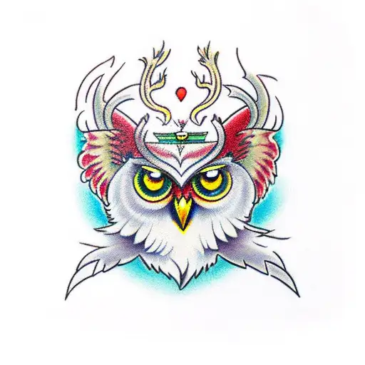 phoenix with owl eyes for wisdom, a heart shaped nose for a beak, and deer antlers and dog pawprints tattoo design idea