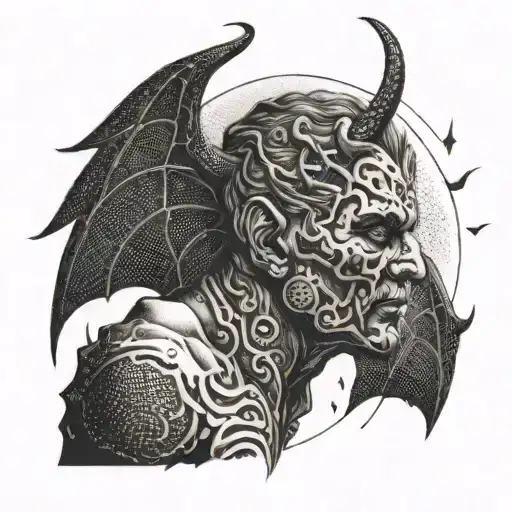 the last tear of lucifer in the upper part in the lower part the shadow of an adult man tattoo design idea