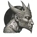 the last tear of lucifer in the upper part in the lower part the shadow of an adult man tattoo design idea