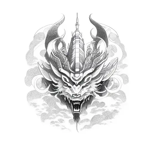 A neo-traditional Japanese-inspired design featuring a mythical creature exploring a mountain range tattoo design idea