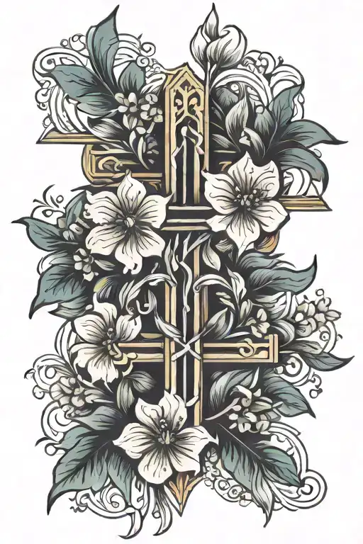 flowers, cross intertwined, dainty cross tattoo design idea