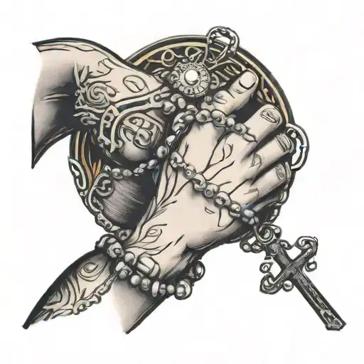 praying hands holding rosary hanging down on forearm tattoo design idea