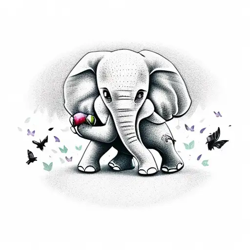 An elephant playing soccer in a park filled with butterflies, with a Phd diploma in its trunk tattoo design idea