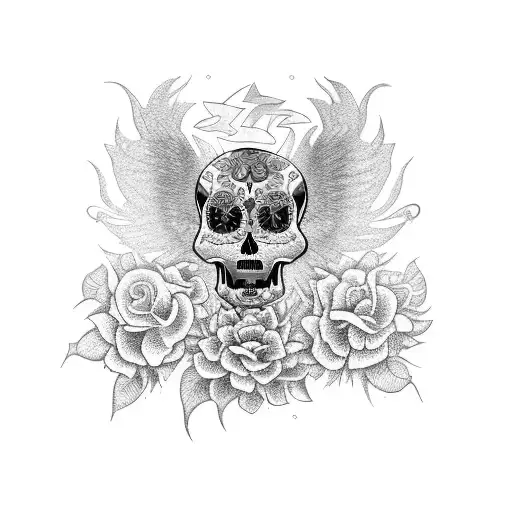 A mystical griffin surrounded by vibrant Dia de los muertos flowers and sugar skull patterns tattoo design idea