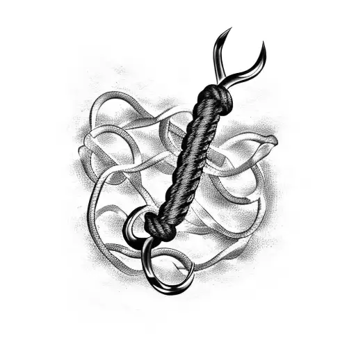 A detailed blackwork tattoo of a fishing hook intertwined with a climbing rope tattoo design idea