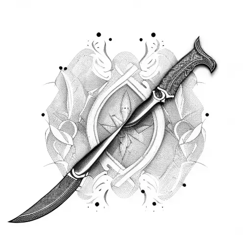 A dotwork tattoo of two crossed hunting knives with an hourglass in the background tattoo design idea