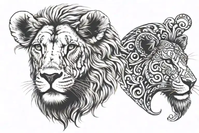  half face lamb and half faced lion head profile holding tattoo design idea